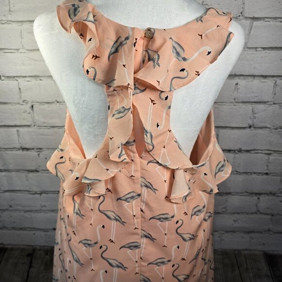 WOMENS ENTRO HALTER DRESS PINK WITH GREY FLAMINGO PRINT RUFFLE DETAILS SIZE L - Picture 7 of 8